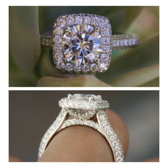 Forever One Moissanite & Diamond Halo Pave Engagement Ring 14k | Etsy