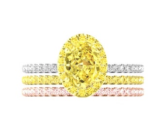 GIA 2 Carat Oval Fancy Intense Yellow Diamond & Halo Pave Engagement Ring 18k Two Tone Gold, Pink Diamond and Yellow Diamond Bands