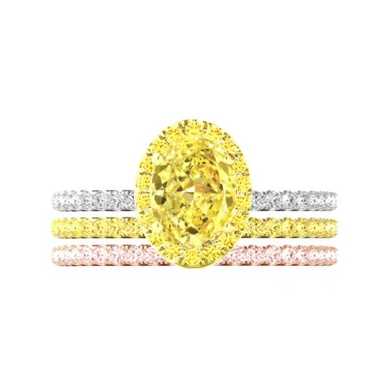 GIA 2 Carat Oval Fancy Intense Yellow Diamond & Halo Pave Engagement Ring 18k Two Tone Gold, Pink Diamond and Yellow Diamond Bands image 1