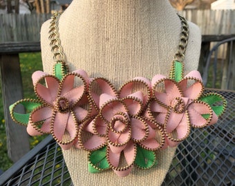 Pink Vintage Zipper Flower Necklace