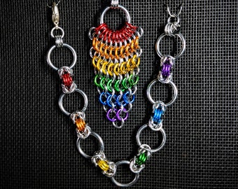Brilliant Rainbow Necklace and Bracelet Set - Anodized Aluminum Chainmaille Jewelry - Pride Collection