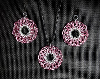 Sakura Bloom Necklace and Earrings Set - Anodized Aluminum Chainmaille Jewelry
