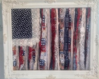 Framed flag, Tattered lace flag, Americana decor, country chic, rag flag wall art, patriotic decor, Boho gypsy, American flag, 4 th of July