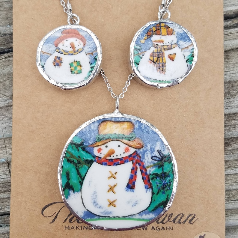 necklace and earring set Broken China Jewelry Snowman jewelry set