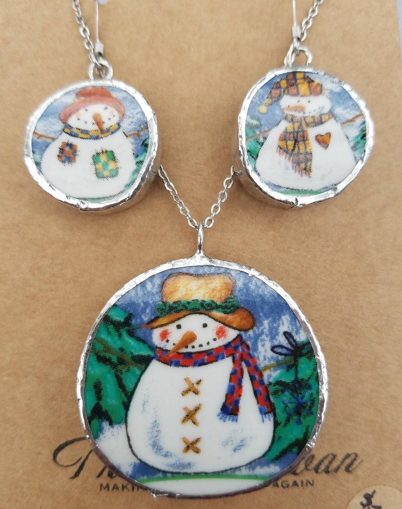 necklace and earring set Broken China Jewelry Snowman jewelry set