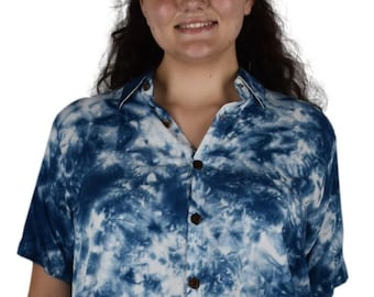 Dayjama - Blue and White Tye Dye - Short Sleeve Button Down Pajama Top - S/M