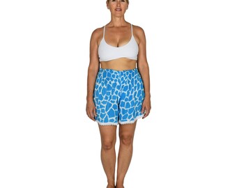 Beach Babe Shorts L/XL Animal Print Blue Giraffe, Rayon Lace Trim Shorts Beach Lounge Shorts