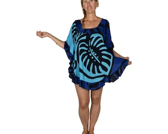 Ruffle Cover Up, Blue Monstera, Beach Resort Swim and Vacation Cover Up, One Size