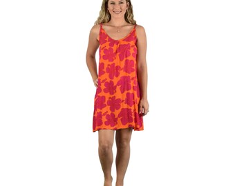 Bali Dress Short, Red Hibiscus on Orange, Tropical Maxi Dress, Adjustable Strap Dress, Beach Resort Dress, Vacation Dress, One Size