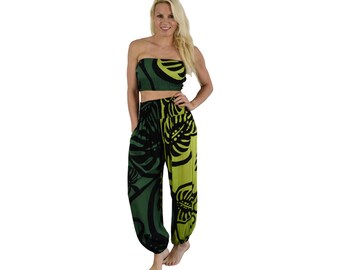 Pant Set, Green Monstera Bandeau Top and Pants Set, Beach and Resort Outfit
