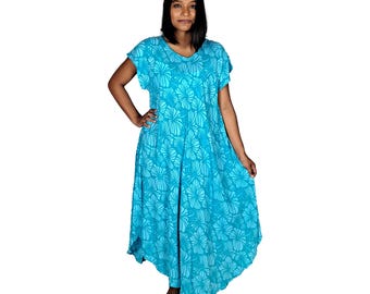 Tampa Swing Dress, Light Blue Hibiscus Lightweight Flowy Summer Dress, One Size Beach Dress, Resort Wear with Scrunchie