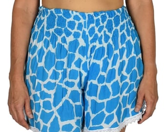 Beach Babe Shorts S/M Animal Print Giraffe Blue, Rayon Lace Trim Shorts Beach Lounge Shorts