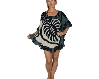 Ruffle Cover Up, Gray Monstera, Beach Resort Swim and Vacation Cover Up, One Size