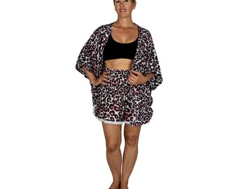 Short Kimono Cover Up Shirt - Animal Print Pink Leopard, Lightweight Women's Short Kimono, Beach Cover Up, Open Front Resort Shirt