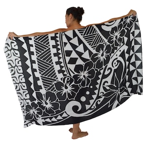 Black Tribal Hibiscus Bali Sarong, Beach Cover Up, Oversized Pareo Wrap, Cruise Outfit, Resort Wear, Vacation Cover Up