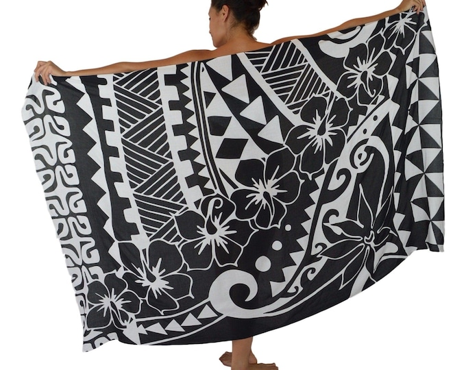 Black Tribal Hibiscus Bali Sarong, Beach Cover Up, Oversized Pareo Wrap, Cruise Outfit, Resort Wear, Vacation Cover Up