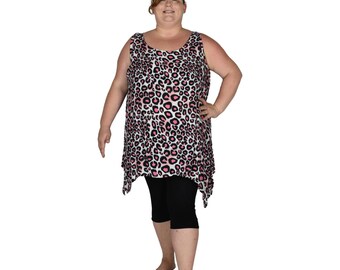 Cayman Top 2X Animal Print Pink Leopard, Plus Size Sleeveless Resort Top Flowy Lightweight Beachwear