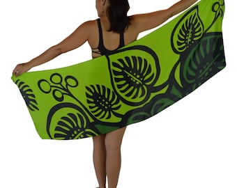 Green Monstera Half Sarong Pareo Bali Sarong, Beach Cover Up, Oversized Pareo Wrap, Cruise Outfit, Resort Wear, Vacation Cover Up