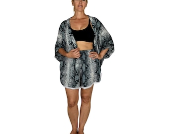 Short Kimono Cover Up Shirt - Animal Print Gray Snake Skin, Lightweight Women's Short Kimono, Beach Cover Up, Open Front Resort Shirt