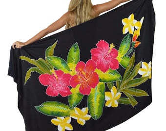 Black Hawaiian Hibiscus- Hand-Printed Bali Sarong, Beach Cover Up, Oversized Pareo Wrap, Cruise Outfit, Resort Wear, Vacation Cover Up