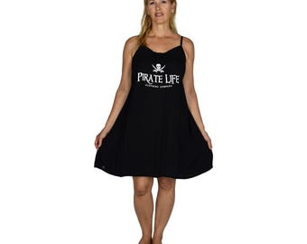 Vestido corto estilo Bali, estilo pirata negro liso, vestido largo tropical, tirantes ajustables, vestido playero para vacaciones, talla única.