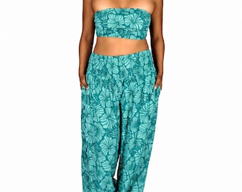 Pant Set, Teal Hibiscus Top and Pants Set, Beach and Resort Outfit