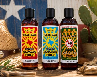 Texas Babe Trinity Set | Natural Tanning Oil, Moisturizing Body Oil & Skeeter Juice Mosquito Repellent | Made in Texas | Gift Set | 8oz