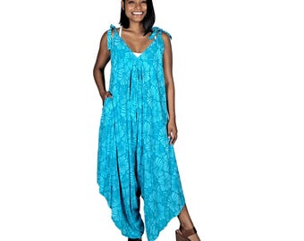 Bali Jumper, Light Blue and Teal Hibiscus, Wide Leg Jumpsuit, Tie Strap Romper, Tropical One Piece Outfit, Resort Wear Women,Vacation Outfit