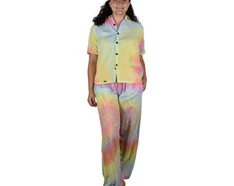 Dayjama - Pastel Tye Dye - Pajama Set w Button Down Top and Bottoms, Lounge Wear- XXL