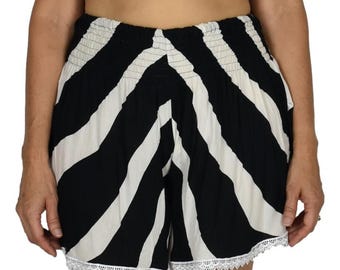 Beach Babe Shorts L/XL Black and White Zebra, Rayon Lace Trim Shorts Beach Lounge Shorts