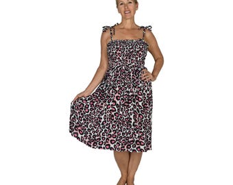 Elastic Smocked Dress, Leopard Pink Animal Print, Tropical Sundress, Tie Strap Dress, Resort Wear, Beach Dress