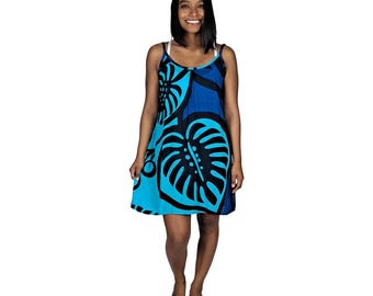 Bali Dress Short, Blue Monstera, Tropical Maxi Dress, Adjustable Strap Dress, Beach Resort Dress, Vacation Dress, One Size