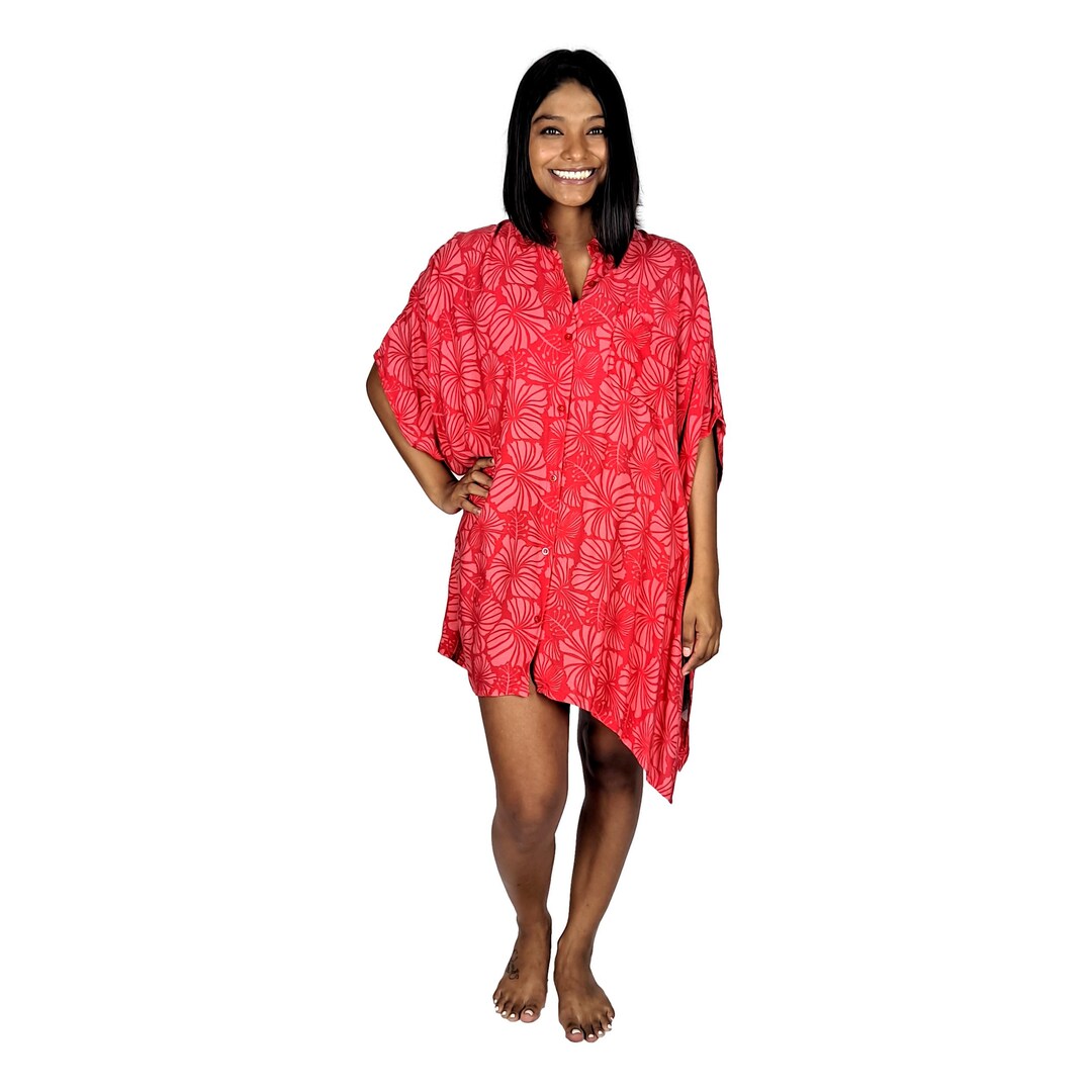 Boca Raton Cover up Shirt, Red and Pink Hibiscus, Lightweight Button ...