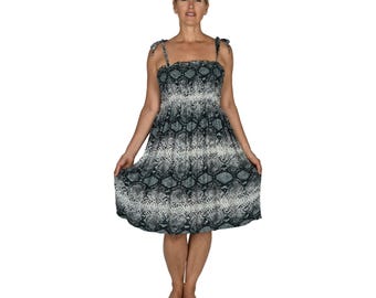 Elastic Smocked Dress, Gray Snake Skin Animal Print, Tropical Sundress, Tie Strap Dress, Resort Wear, Beach Dress