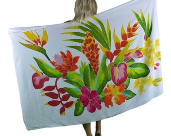 White Tropical Bouquet -Hand-Printed Bali Sarong, Beach Cover Up, Oversized Pareo Wrap, Cruise Outfit, Resort Wear, Vacation Cover Up