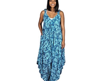 Bali Jumper, Dark Blue and Teal Hibiscus, Wide Leg Jumpsuit, Tie Strap Romper, Tropical One Piece Outfit, Resort Wear Women, Vacation Outfit