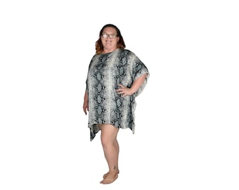 Makena Poncho, Animal Print Gray Snake Skin Cover Up, Beach Poncho Dress, Resort Wear