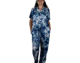 Dayjama - Blue and White Tye Dye - Pajama Set w Button Down Top and Bottoms, Lounge Wear- XXL