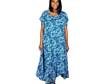 Tampa Swing Dress, Dark Blue Hibiscus Lightweight Flowy Summer Dress, One Size Beach Dress, Resort Wear with Scrunchie