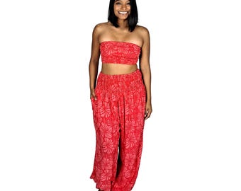 Pant Set, Red Hibiscus Top and Pants Set, Beach and Resort Outfit