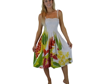 Vestido fruncido elástico, ramo tropical blanco, vestido veraniego tropical, vestido con tirantes anudados, ropa de resort, vestido de playa