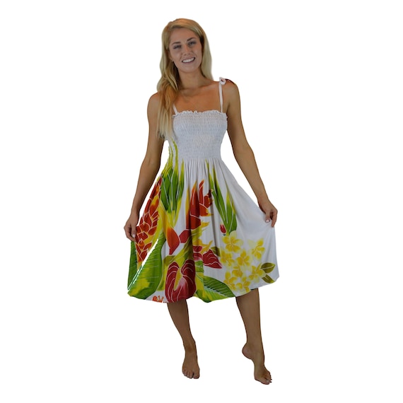 Elastic Smocked Dress, White Tropical Bouquet, Tropical Sundress, Tie Strap Dress, Resort Wear, Beach Dress