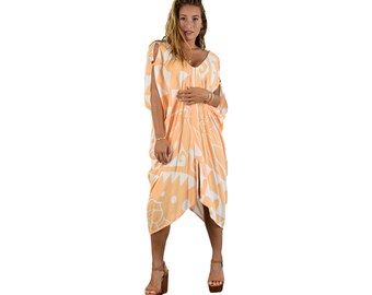 Makena Poncho, Soft Orange Tribal Tropical Cover Up, Beach Poncho Dress, Resort Wear