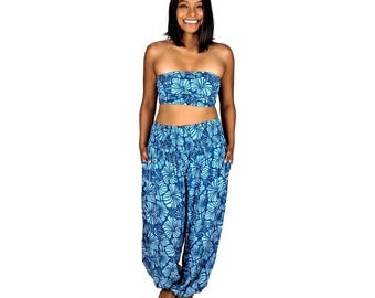 Pant Set, Blue Hibiscus Top and Pants Set, Beach and Resort Outfit