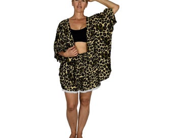 Short Kimono Cover Up Shirt - Animal Print Brown Leopard, Lightweight Women's Short Kimono, Beach Cover Up, Open Front Resort Shirt