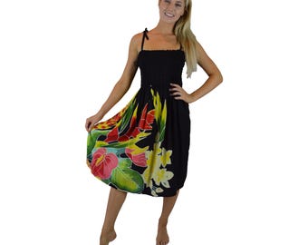 Elastic Smocked Dress, Black Tropical Bouquet, Tropical Sundress, Tie Strap Dress, Resort Wear, Beach Dress