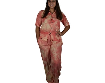 Dayjama - Coral Pink - Pajama Set w Button Down Top and Bottoms, Lounge Wear- S/M