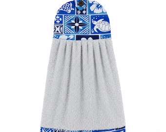 Hanging Kitchen Towel, Blue Hawaiian, Tropical Island Print, Cotton Terry Dish Towel