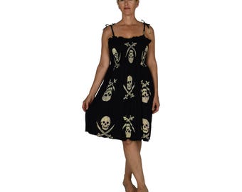 Elastic Smocked Dress, Black and Beige Pirate Print, Tropical Sundress, Tie Strap Dress, Resort Wear, Beach Dress