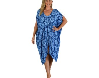 Makena Poncho, Dark and Light Blue Hibiscus Cover Up, Beach Poncho Dress, Resort Wear